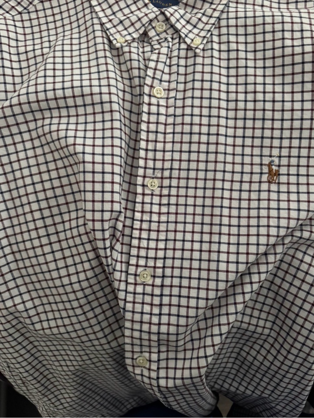 Ralph Lauren White Button-Down Shirt with Navy and Burgundy Windowpane